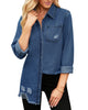 Front view of model wearing white frayed hem distressed button-down denim jacket