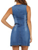 Women Sleeveless V Neck Button Down Frayed Hem Short Denim Dress
