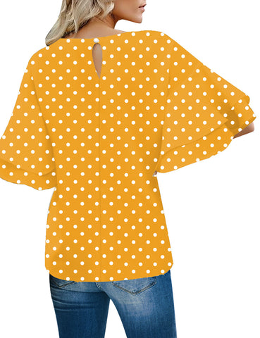 Yellow/White Polka Dot Women's Summer Blouse Casual Ruffle 3/4 Sleeve Tops Loose Shirts