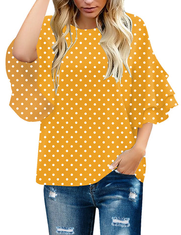 Yellow/White Polka Dot Women's Summer Blouse Casual Ruffle 3/4 Sleeve Tops Loose Shirts