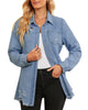 Model wearing light blue frayed hem distressed button-down denim jacket