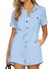 Model wearing light blue short sleeves button-down belted romper