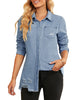 Front view of model wearing light blue frayed hem distressed button-down denim jacket