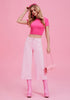 Candy Pink Women's High Waisted Denim Capri Pants Seamed Front Raw Hem