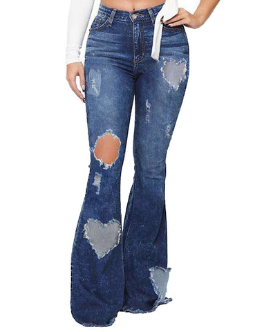 Dark Blue Mid-Waist Ripped Heart Flared Denim Jeans