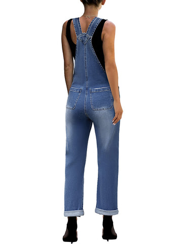 Dark Blue Cuffed Hem Ripped Bib Denim Overall Jumpsuit