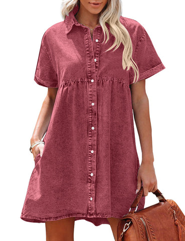Baroque Rose Women's Short Sleeve Button Down Flowy Tiered Babydoll Denim Dress
