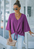 Purple Women's V Neck Button Down Shirts 3/4 Bell Sleeve Tie Knot Blouse