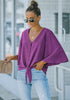 Purple Women's V Neck Button Down Shirts 3/4 Bell Sleeve Tie Knot Blouse