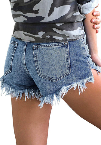 Women's Mid Rise Frayed Ripped Raw Hem Denim Jean Shorts