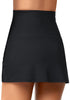 Back view of model in black high-waist tulip hem ruched swim skirt