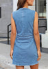 Back view of model wearing blue raw hem sleeveless button-down denim dress