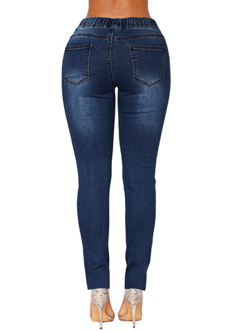 Dark Blue Drawstring-Waist Washout Ripped Skinny Jeans
