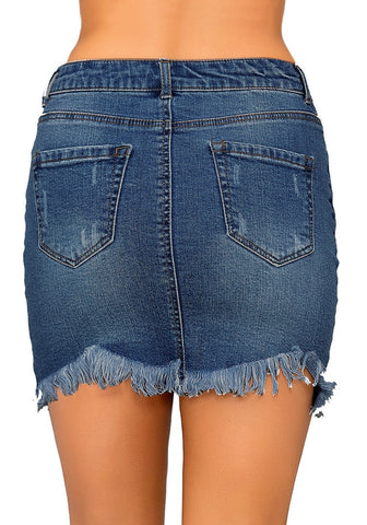 Deep Blue Frayed Hem Washed Denim Mini Skirt