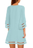 Back view of model wearing light blue 34 bell sleeves mesh panel crew-neckline loose dress