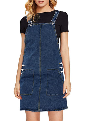 Deep Blue Side Pockets Overall Denim Pinafore Dress