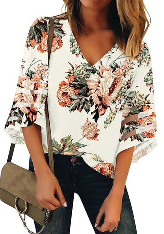 Floral Print Apricot Women's V Neck Shirt Printed Top 3/4 Bell Sleeve Mesh Panel Blouse