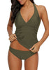 Model poses wearing army green solid color halter tankini set