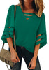 Alpine Green Women's Casual V Neck Mesh Panel Blouse Tops 3/4 Bell Sleeve Shirt