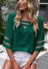 Alpine Green Women's Casual V Neck Mesh Panel Blouse Tops 3/4 Bell Sleeve Shirt