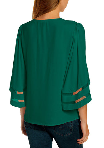 Alpine Green Women's Casual V Neck Mesh Panel Blouse Tops 3/4 Bell Sleeve Shirt