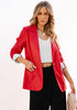 Red Women's Business Casual Pocket Notched Lapels Blazer Long Rolled Up Sleeve Blazer