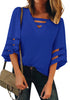 Lapis Blue Women's Casual V Neck Mesh Panel Blouse Tops 3/4 Bell Sleeve Shirt