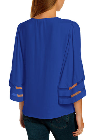 Lapis Blue Women's Casual V Neck Mesh Panel Blouse Tops 3/4 Bell Sleeve Shirt