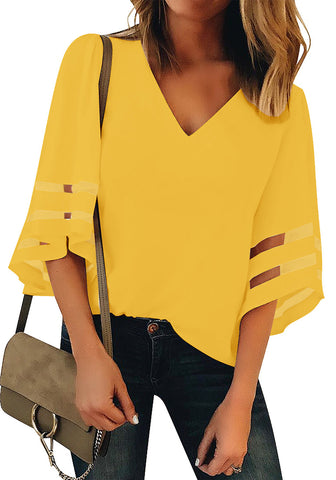 Gold Lemon Dressy Tops for Women Women's Summer Casual V Neck Mesh Panel 3/4 Bell Sleeve Loose Blouse Top
