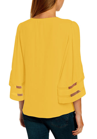 Gold Lemon Dressy Tops for Women Women's Summer Casual V Neck Mesh Panel 3/4 Bell Sleeve Loose Blouse Top
