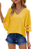 Gold Lemon Dressy Tops for Women Women's Summer Casual V Neck Mesh Panel 3/4 Bell Sleeve Loose Blouse Top