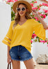 Gold Lemon Dressy Tops for Women Women's Summer Casual V Neck Mesh Panel 3/4 Bell Sleeve Loose Blouse Top