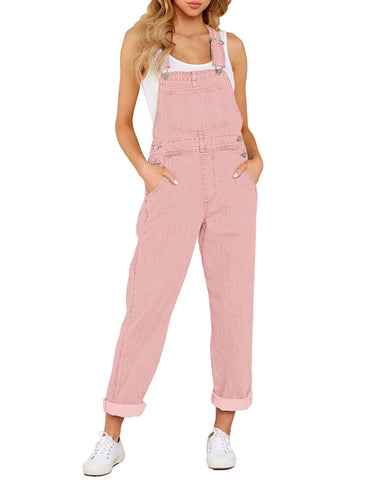 Pink Women's Casual Stretch Denim Bib Overalls Pants Pocketed Jeans Jumpsuits