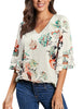 Floral Print Apricot Women's V Neck Shirt Printed Top 3/4 Bell Sleeve Mesh Panel Blouse