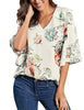 Floral Print Apricot Women's V Neck Shirt Printed Top 3/4 Bell Sleeve Mesh Panel Blouse