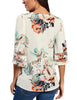 Floral Print Apricot Women's V Neck Shirt Printed Top 3/4 Bell Sleeve Mesh Panel Blouse