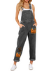 Model wearing dark grey halloween boyfriend jeans denim bib overalls